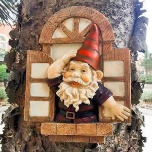 Outdoor Whimsical Tree Gnomes Elf Open Window Sculpture Garden Decoration