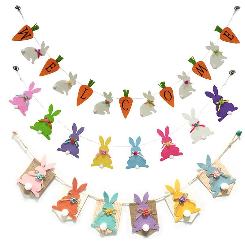 OEM&ODM Hot Selling Easter Bunny Banner Felt Party Ornament Easter Eggs Garland Felt Glitter Fabric Fireplace Decor Wall Decorations Easter Decor