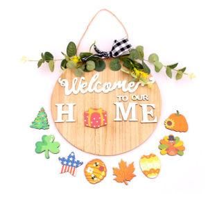 DIY Replaceable Pattern Wooden Welcome Door Sign Christmas Halloween Home Door Hanging Wreath