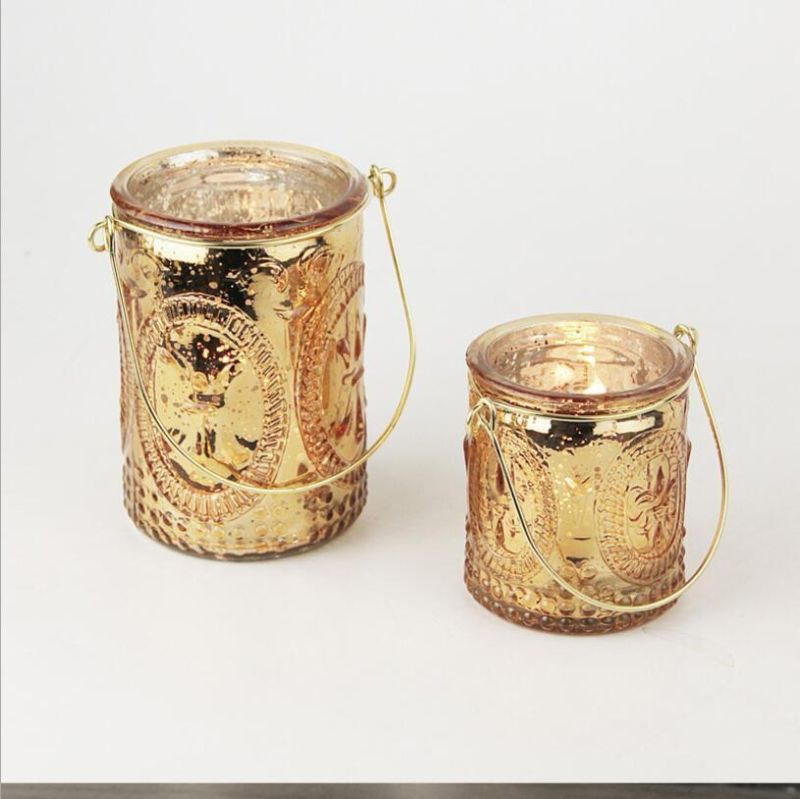 Embossed Crystal Golden Glass Candle Jar with Matel Handle
