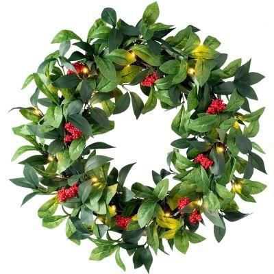 Leaf &amp; Berry Christmas Wreath with 20 Warm White LED Lights