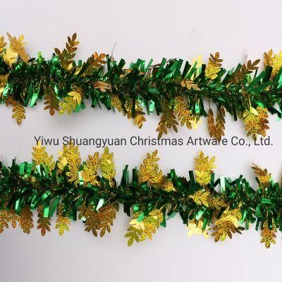 New Design 200mm Green Gold Christmas Leaves Shape Decoration Tinsel Garland