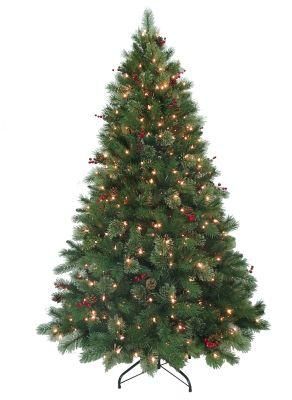 8FT Pre-Lit Green PE, Flowering Pine Needle &amp; PVC Mixed Tips Christmas Tree