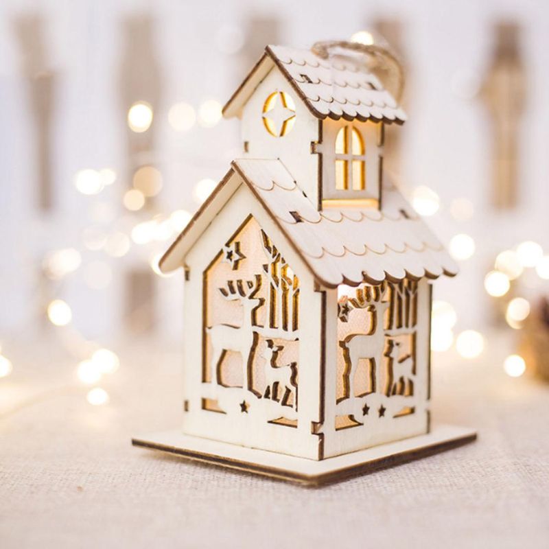 LED Light Wood House Elk Cute Christmas Tree Hanging Ornaments