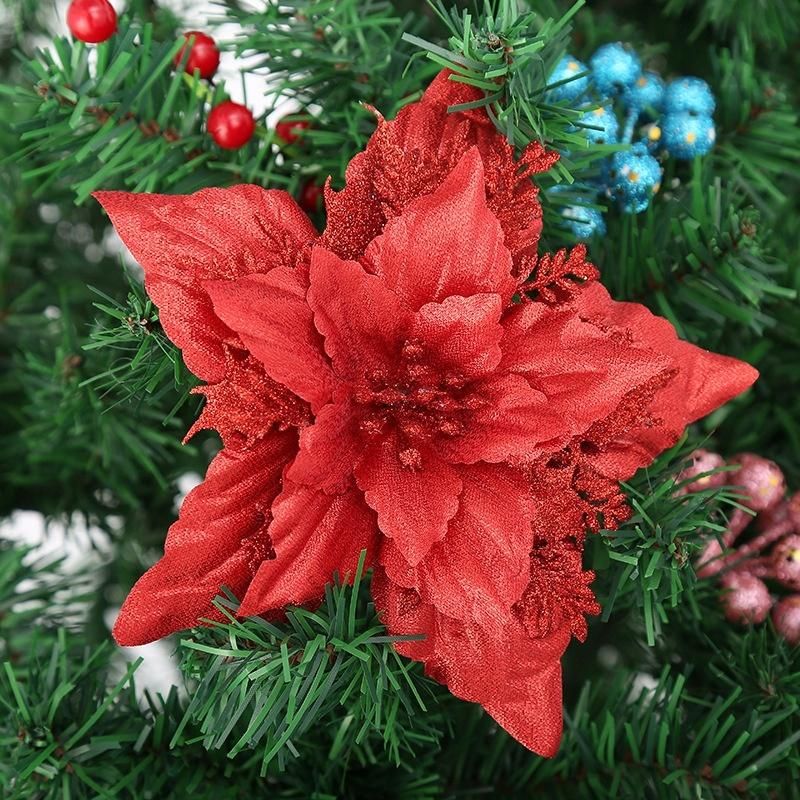 Christmas Glitter Poinsettia Flowers Picks Christmas Tree Ornaments