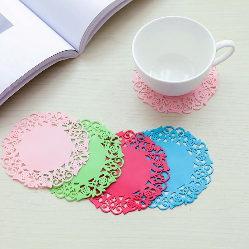 Silicone Table Heat Resistant Mat Cup Coffee Coaster Colorful Lace Flower Hollow Design Round Cushion Placemat Pad