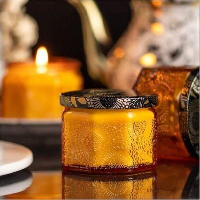 Painted Mercury Yellow Glass Candle Jar Hexagon Glass Candle Holder with Screw Llid