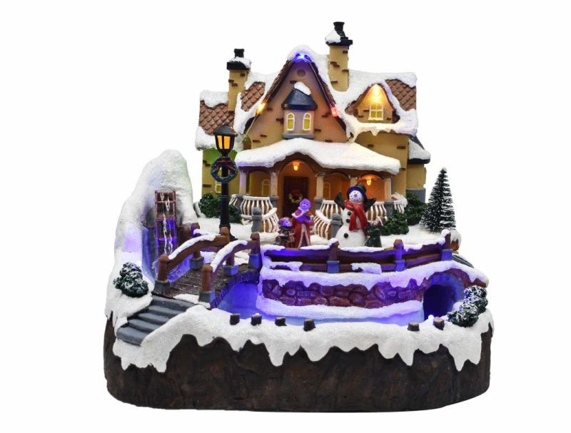 New Arrival Christmas Village House with LED Lights with Running Water Wheel with Snowman Rotation Function with Music