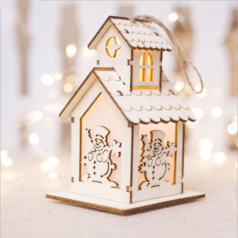 LED Light Wood House Elk Cute Christmas Tree Hanging Ornaments