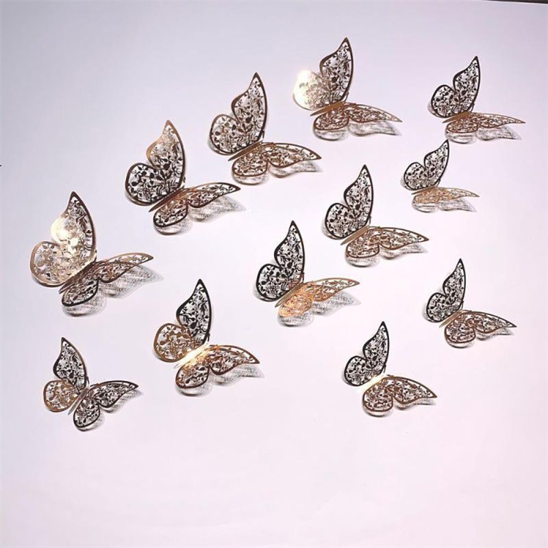 12PCS Wall Stickers Hollow Rose Gold/Golden/Silver Butterfly Wall Stickers