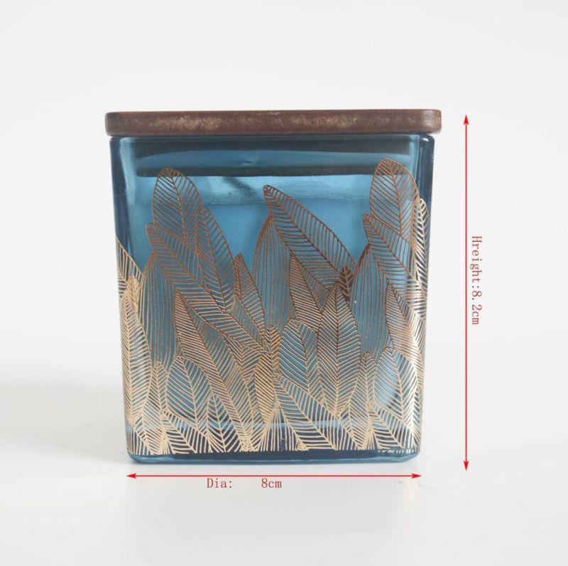 Luxury Golden Leaf Blue Square Glass Candle with Wooden Lid