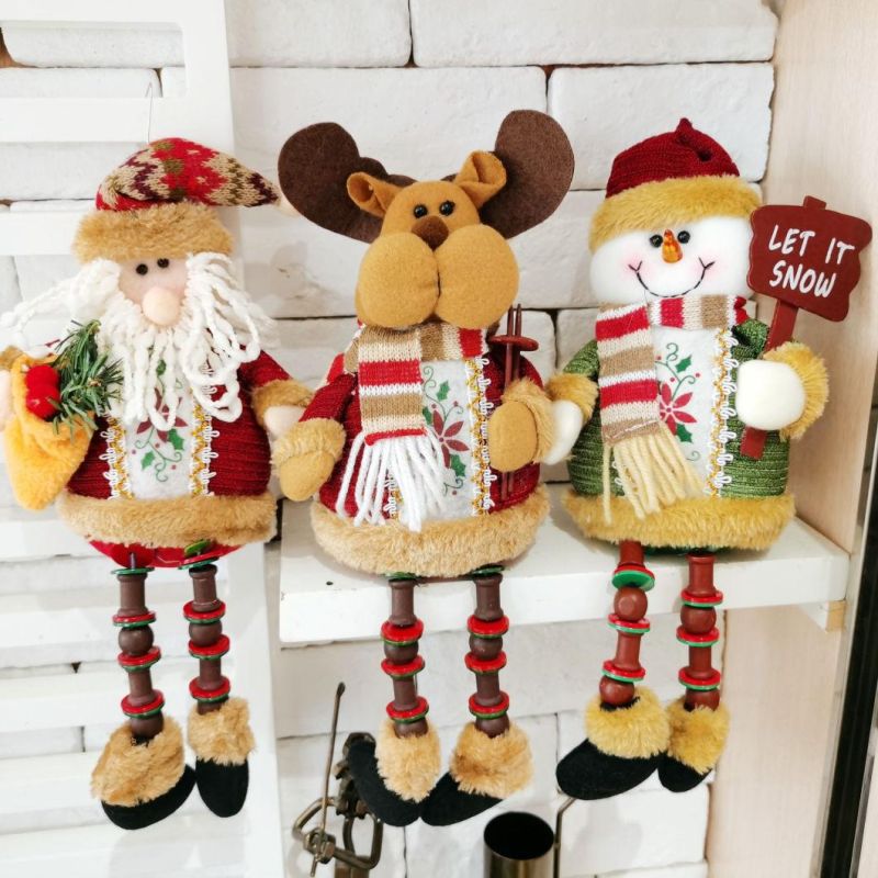 Christmas Decoration Desktop Ornaments Sitting Snowman Wooden Beads Long Legs Cloth Doll Santa Claus Doll