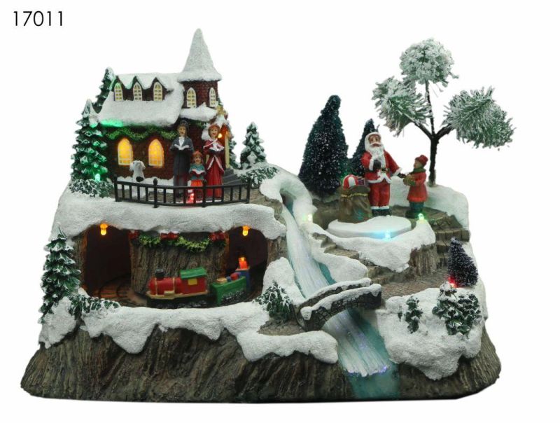 New Arrival Christmas Village House with LED Lights with Running Water Wheel with Snowman Rotation Function with Music
