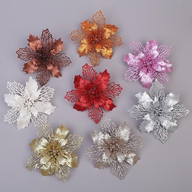 Glitter Artificial Poinsettia Flowers Christmas Wreath Christmas Tree Flowers Ornaments