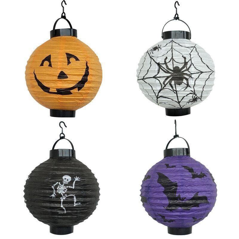 The Factory Wholesale 8inch Orange Black Halloween Pumpkin Paper Jack-O′-Lantern/Lamp Jack-O′-Lantern Paper Lanterns with LED Lights Hang Festive Decorations