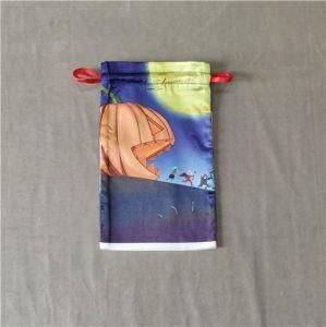 Blue Color Halloween Yellow Moon and Pumkin Printing Polyester Satin Gift Bag