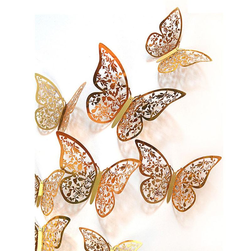 12PCS Wall Stickers Hollow Rose Gold/Golden/Silver Butterfly Wall Stickers