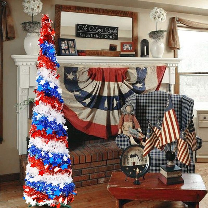 Red White Blue Tinsel Tree for Independence Day Decoration, Pop up Pencil Tree, Collapsible Christmas Tree for Indoor Outdoor Home Party Supplies