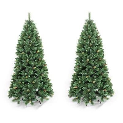 Xo2126m Yiwu 7FT Pre-Lit Hinged Pine Cones Green Pine Artificial Tree 210cm Pine Needle Christmas Tree