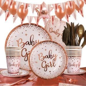 Bronzing Rose Gold Baby Girl Shower Cutlery Disposable Paper Plate, Cup
