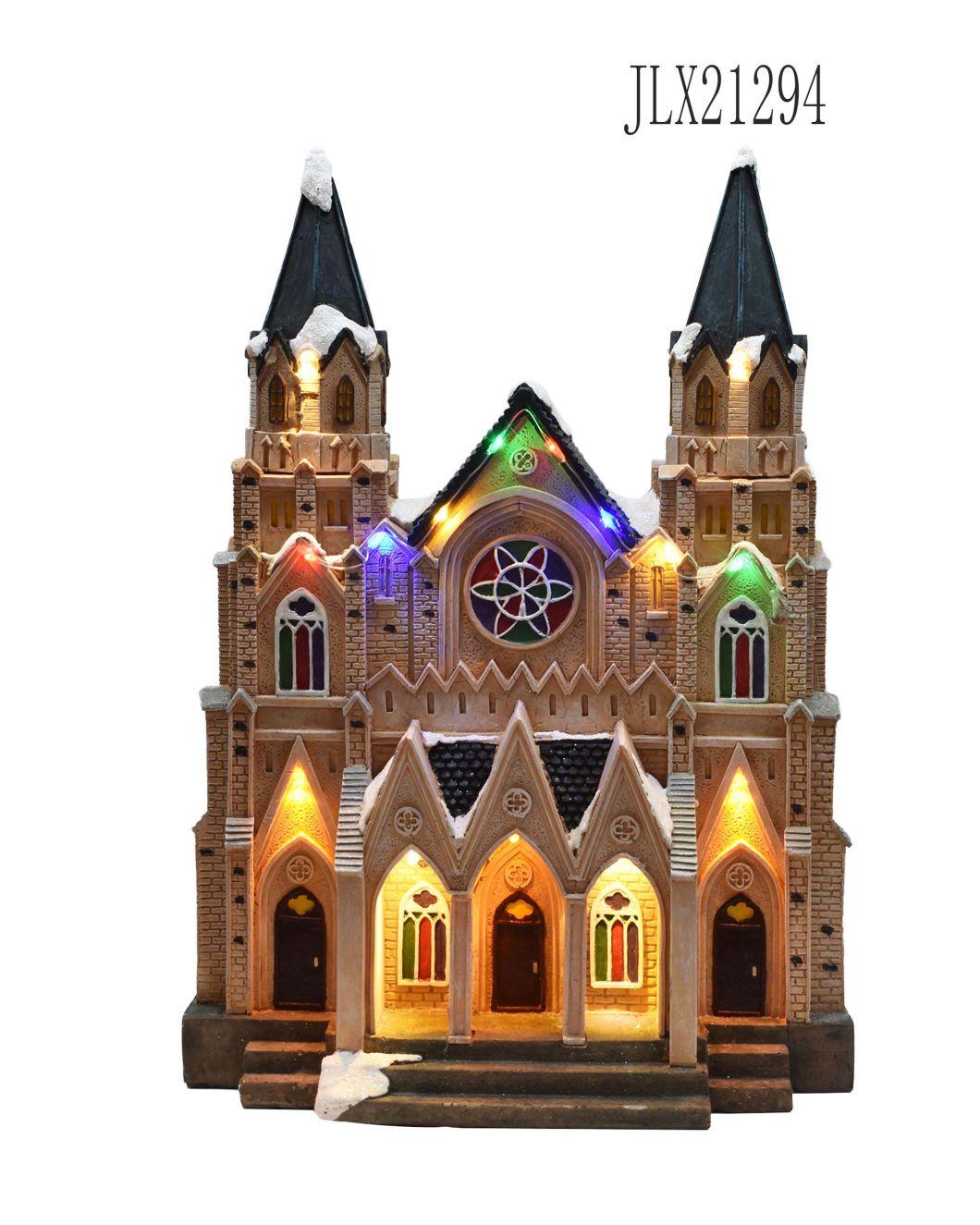 2022 New Arrival Christmas Decoration Village Church with LED Lights and Music Resin Home Decor