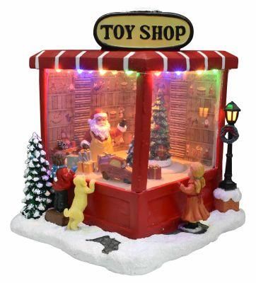 Polyresin LED Santa Toy Shop Christmas Village Spinning Tree with LED Lights
