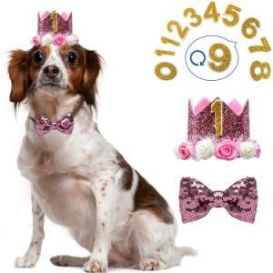 Pet Birthday Crown Golden Number Bow Tie Party Decorations