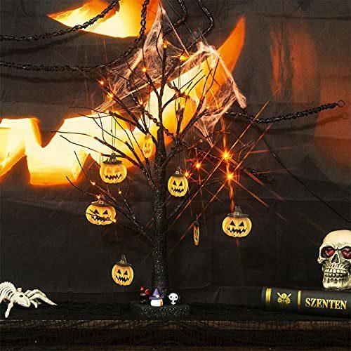 2FT Halloween Black Tree Battery Powered with 24 Orange Lights and Pumpkin Ornaments Light up Bonsai Tree for Halloween Indoor Tabletop Decoration