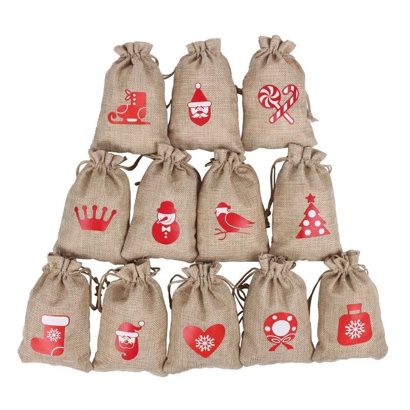Christmas Linen Bags with Drawstrings Christmas Burlap Goody Gift Bags with Double Jute Drawstrings, Snowman, Santa Claus, Penguin and Elk