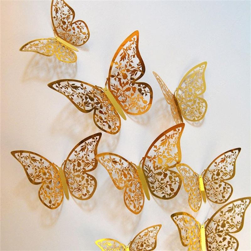 12PCS Wall Stickers Hollow Rose Gold/Golden/Silver Butterfly Wall Stickers