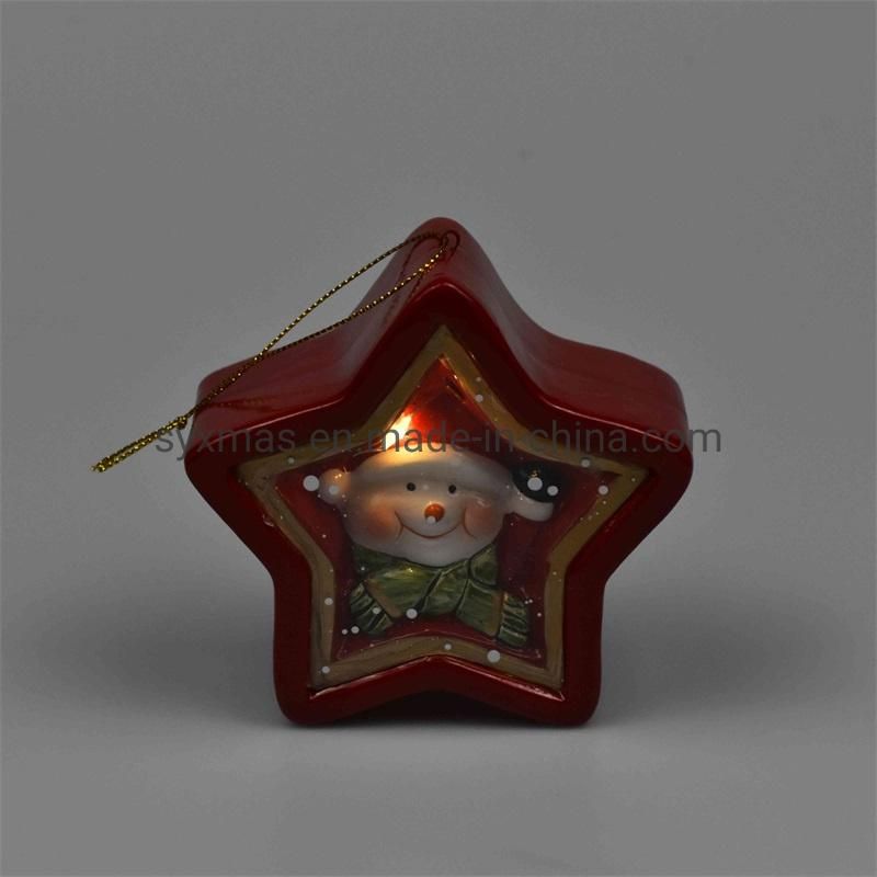 Factory Price Wholesale Star Shape Ceramic Christmas Snowman with Color Changing LED Lights Ceramic Christmas Decoration