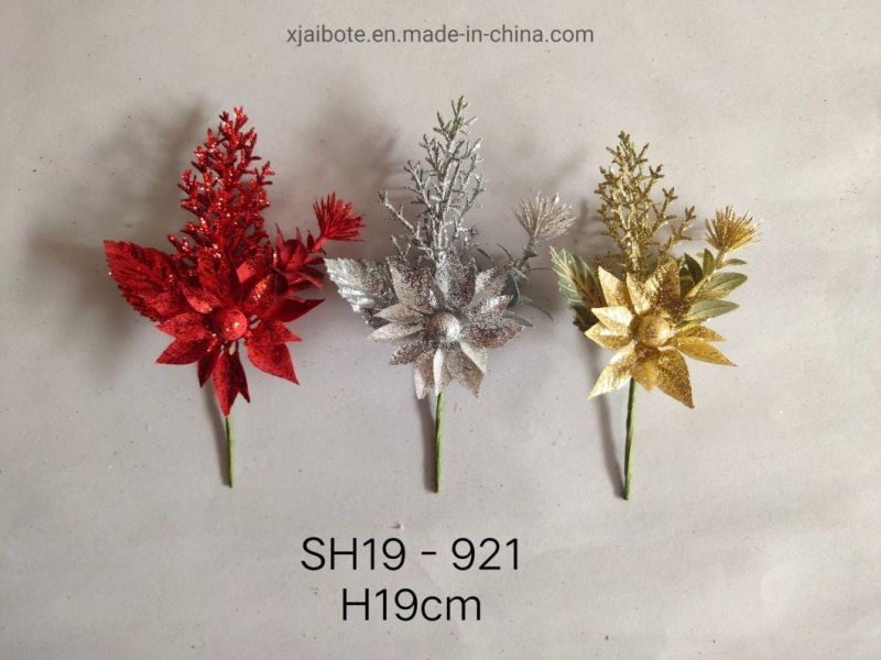 Glitter Xmas Poinsettia Flowers Stem with Glitter Hollow Petals Christmas Ornaments Wholesale