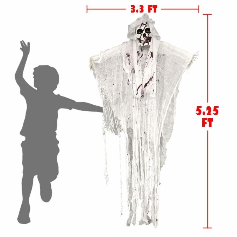 5.2FT Animated Halloween Decorations Outdoor Scary Haunted House Prop Decor Party Hanging Screaming Bride Ghost Skull with Voice Activated Scary and Flashing Ey