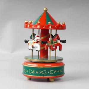 Wind up Carrossel Decor Plastic and Wooden Merry Go Round Rotating Carousel Music Box with 4 Horse Figurine for Christmas Gift