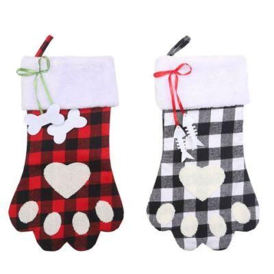 Plaid Dog Paw Sock Christmas Stocking Christmas Tree Pendentif Gift Bag