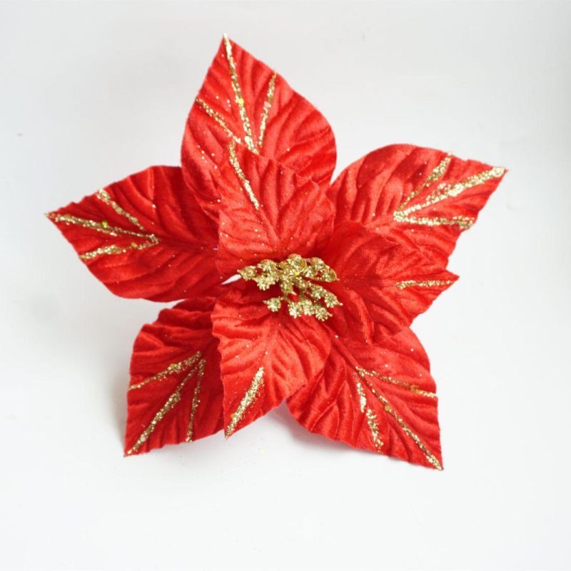 Cheap Artificial Glitter Red Christmas Flower Wholesale Poinsettia