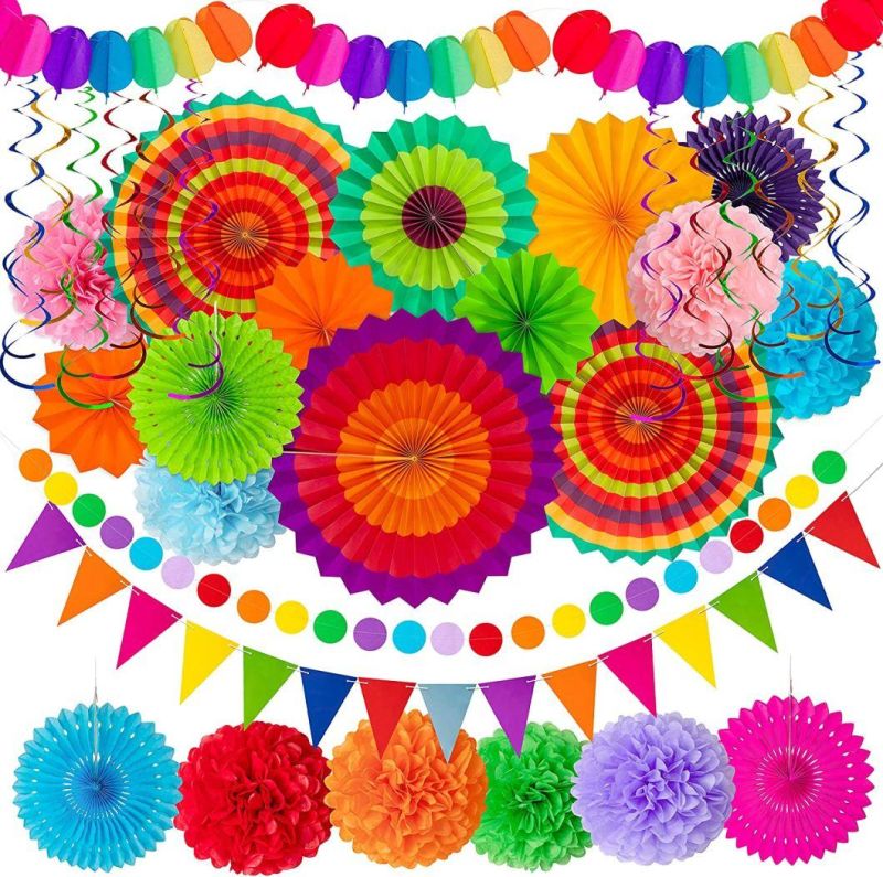 Wholesale 35 Piece Carnival Paper Fan Party Decorative Set - Cinco De Mayo Pompons, Pennants, Garland Ropes, Banners, Hanging Whirlpool Decor Supplies