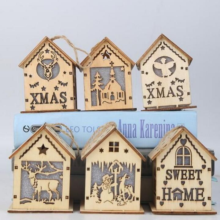 LED Light Wood House Christmas Tree Decorations for Home Hanging Ornaments Xmas Gift