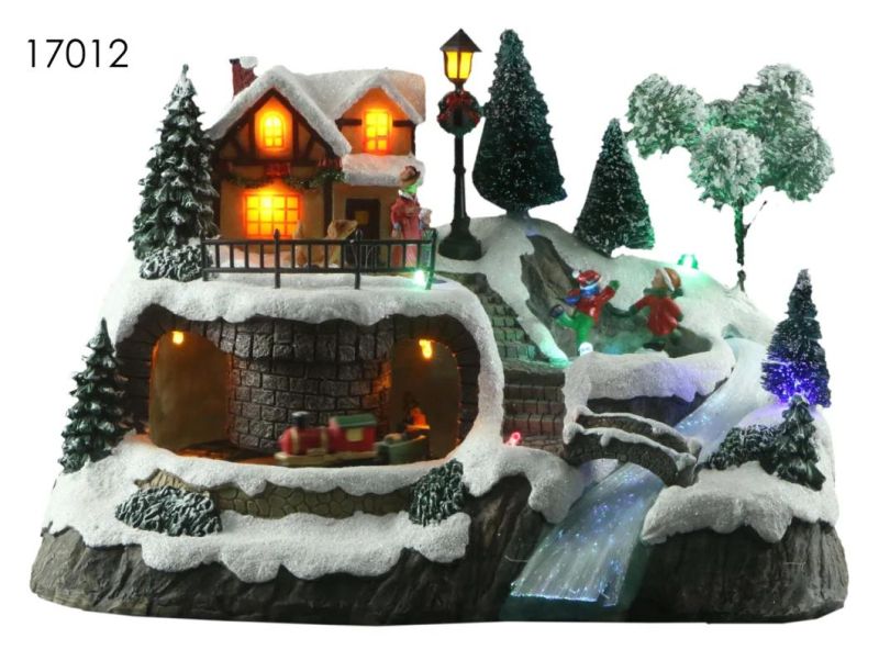 New Design Christmas Wooden House with LED Lights and Snowman, Children Around The Christmas Tree Decoration Rotation Function