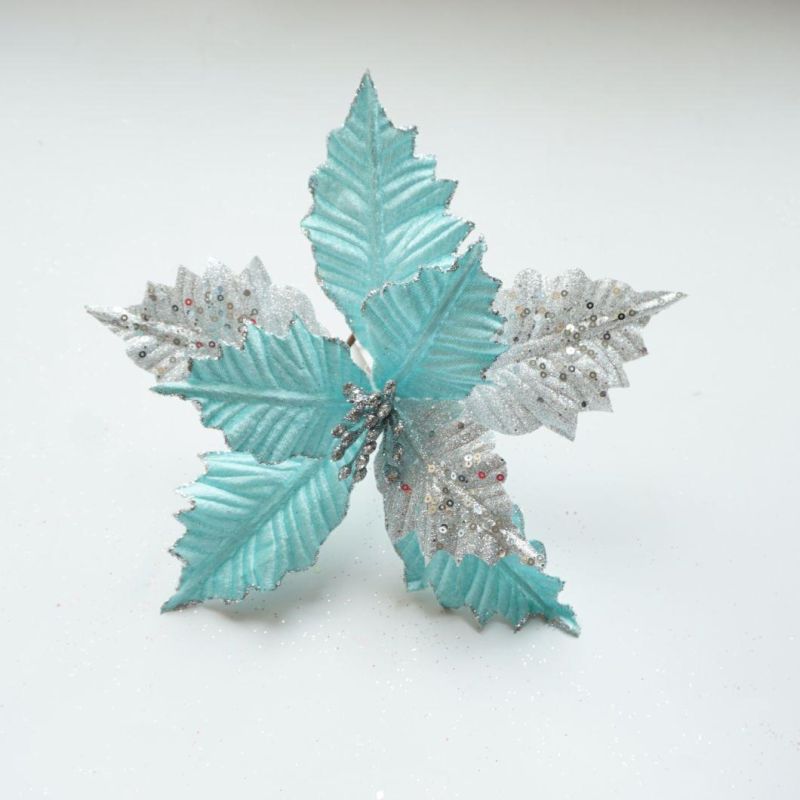 Blue Artificial Xmas Golden Silver Color Poinsettias Flowers for Christmas Decoration