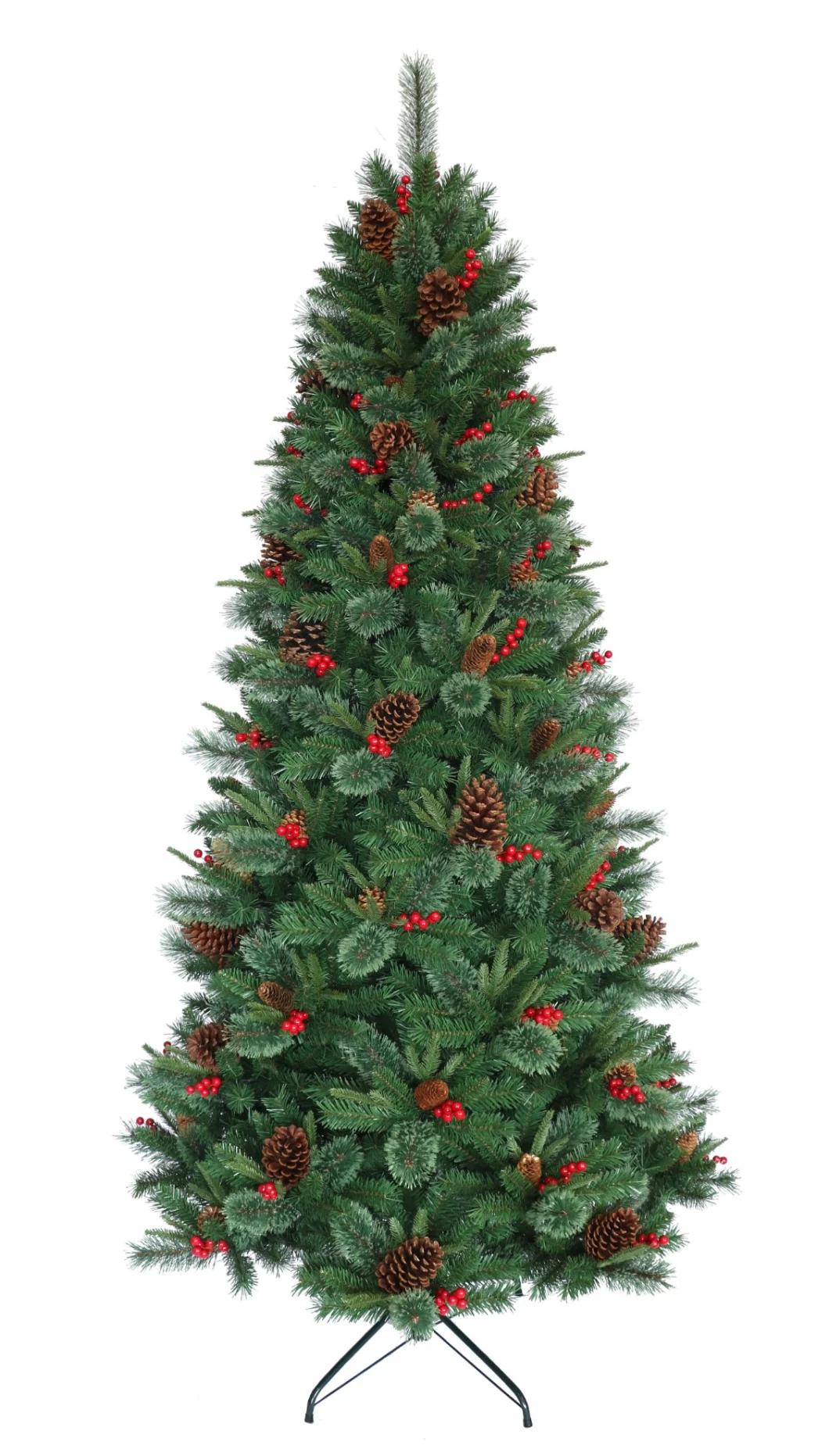 9FT Green PE, Flowering Pine Needle & PVC Mixed Tips Christmas Tree with Pine Cone and Red Berries