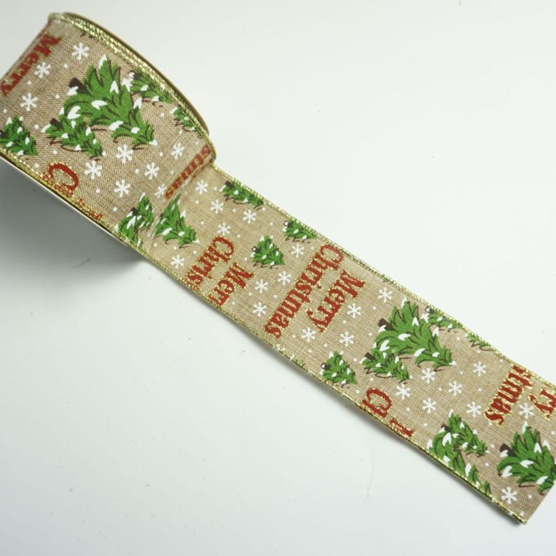 Christmas Custom Printed Grosgrain Christmas Ribbon Tree Printed Decoration Wired