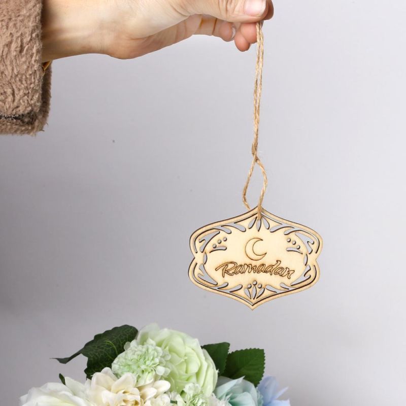 Party Decorations Wooden Hollow Home Mini Ornament 10PCS Eid Mubarak Muslim Ramadan DIY Hanging Pendant