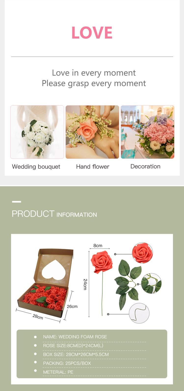 Amazon Hot Sale 8cm PE Artificial Blush Soap Rose Flower Head with Stem 50PCS in Boxs for DIY Wedding Home Party Decoration