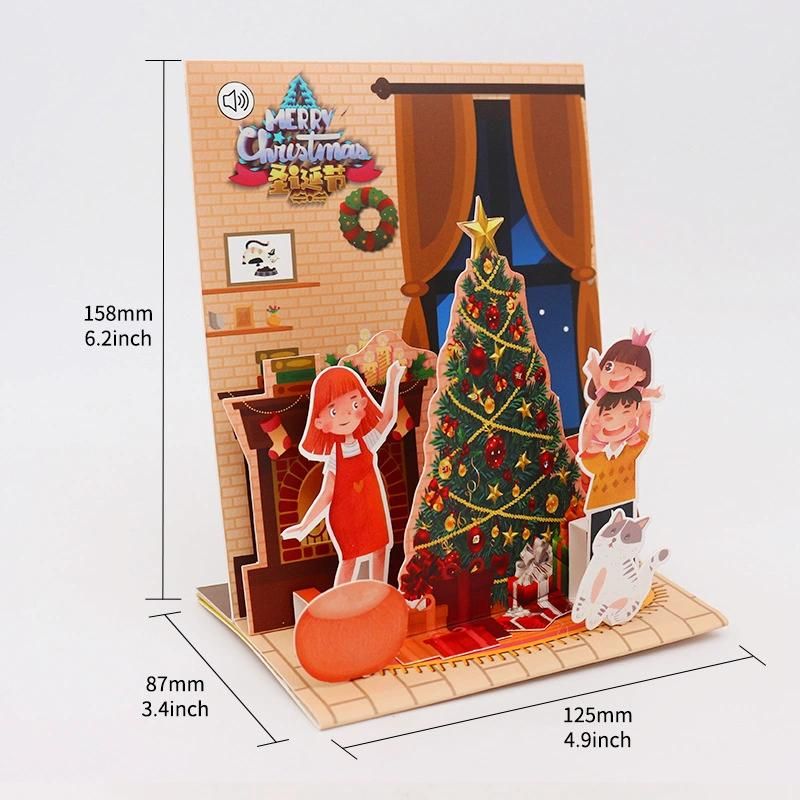 China Printing Black Vintage Wooden Laser Cut 3 D Pop up Music Light LED Christmas Santa Greeting Card