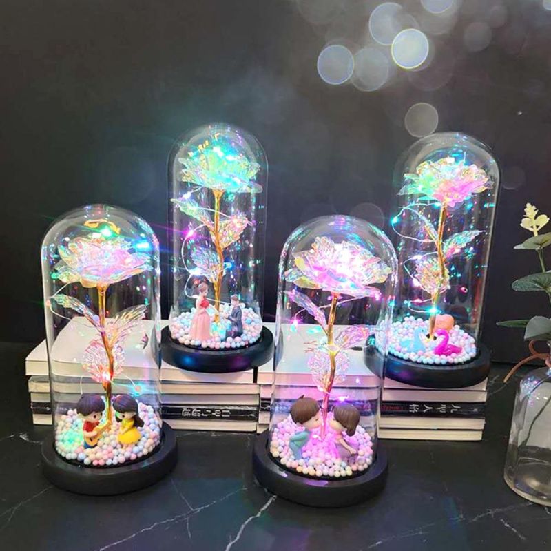 Luxury Gift Sets Valentine Forever LED Rainbow Rose Glass Dome