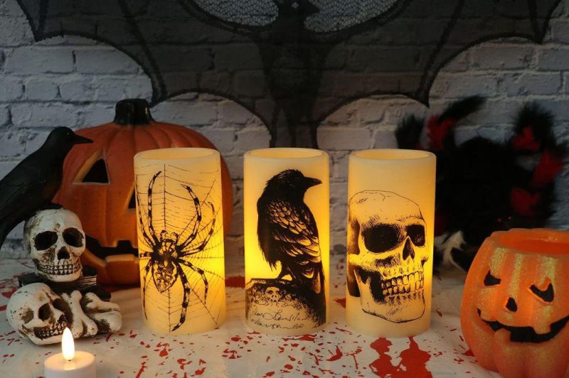 Halloween Flickering Candles with Skull, Spider Web, Crow Raven Decals Set of 3, Battery Operated Halloween Themed LED Candles Horror Spooky Decoration