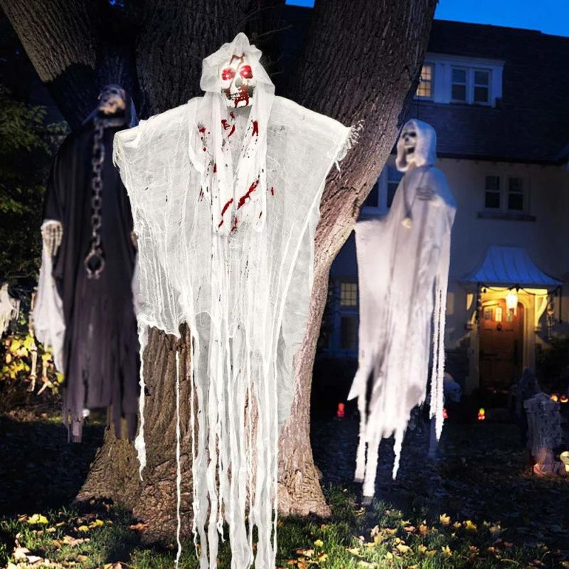 5.2FT Animated Halloween Decorations Outdoor Scary Haunted House Prop Decor Party Hanging Screaming Bride Ghost Skull with Voice Activated Scary and Flashing Ey