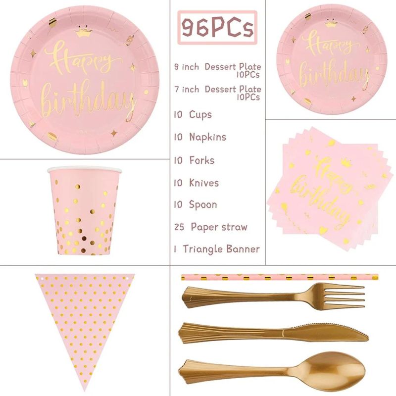 Pink Gold Birthday Plates Happy Birthday Party Supplies Tableware