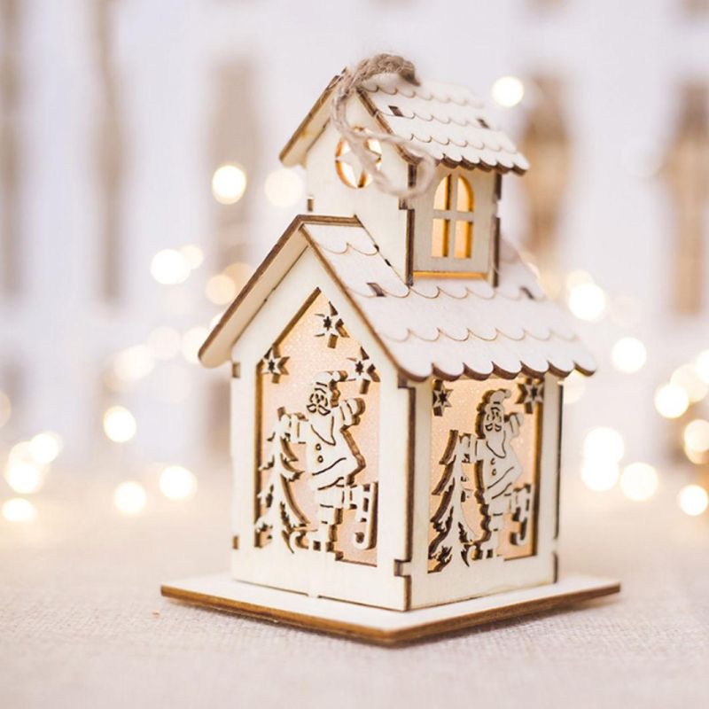 LED Light Wood House Elk Cute Christmas Tree Hanging Ornaments